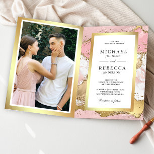 Convite de Casamento Foto Código QR Mármore Rosa B