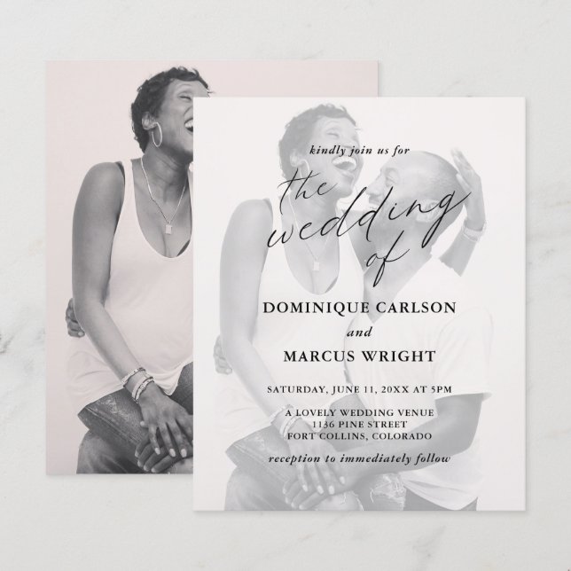 Convite de Casamento Foto com Caligrafia Elegante  (Frente/Verso)