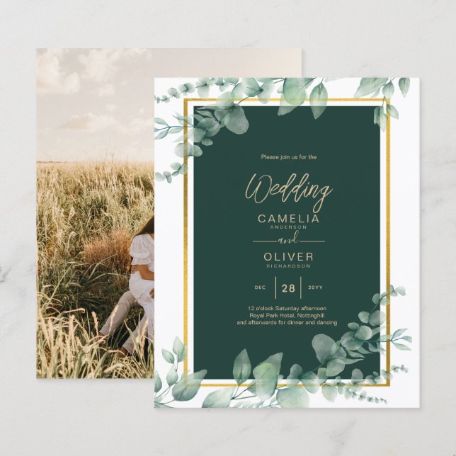 Convite de casamento FOTO com folhagem de Eucalipt (Frente/Verso)
