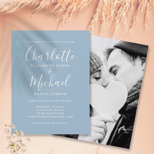 Convite de Casamento Foto com Letra Azul Desbotada (Criador carregado)