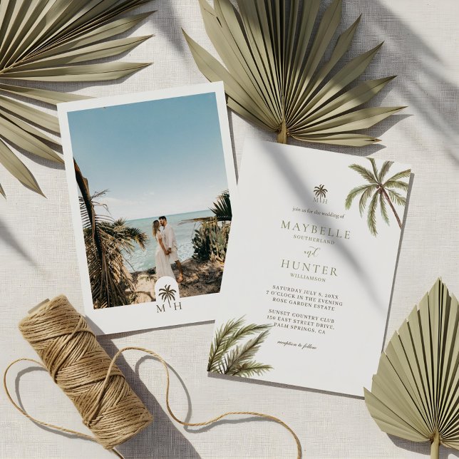 Convite de Casamento Foto de Água Tropical Boho Pa (Tropical Watercolor Palm Trees Boho Wedding Photo Invitation)