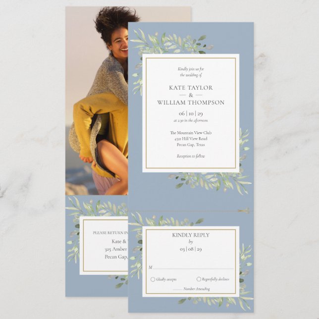 Convite de Casamento Foto Dusty Blue Greenery Tudo (Frente/Verso)