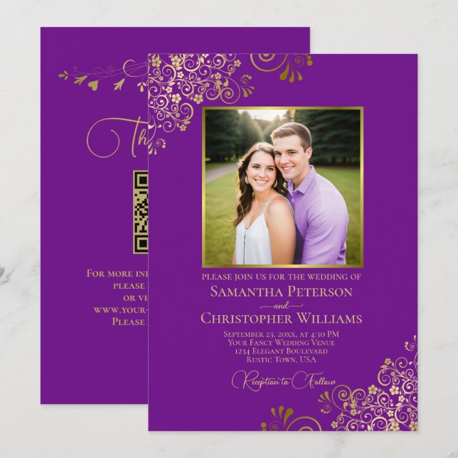 Convite de Casamento Foto e Código QR Roxo e Doura (Frente/Verso)
