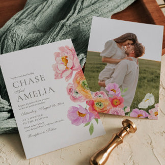 Convite de Casamento Foto Floral Brilhante Aquarel