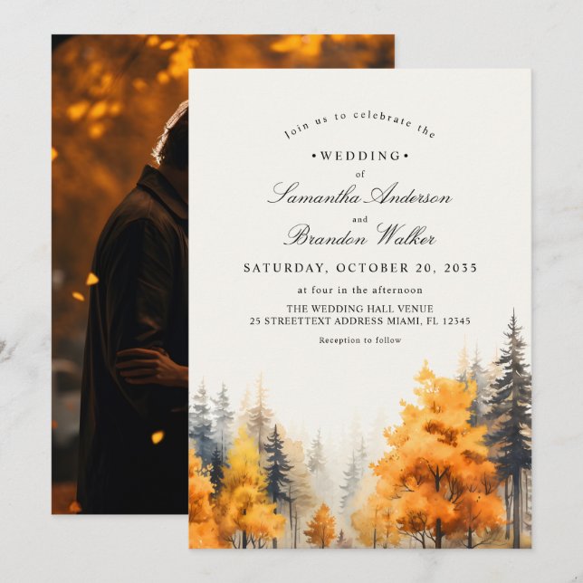 Convite de Casamento Foto Floresta de Outono, Árvo (Frente/Verso)