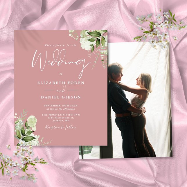 Convite de Casamento Foto Folhagem Tom Rosa em Orç (Budget Foliage Dusty Rose Photo Wedding Invitation)