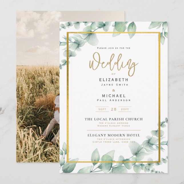 Convite de casamento FOTO Greenery Gold (Frente/Verso)