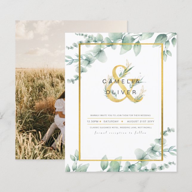 Convite de casamento FOTO Greenery Gold (Frente/Verso)