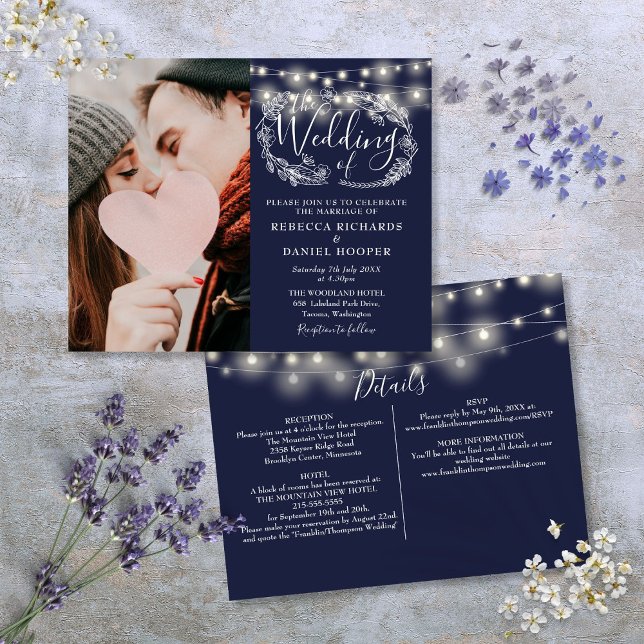 Convite de Casamento Foto Luzes Azuis Marinho Orça (Budget Navy Blue Lights Photo Wedding Invite)