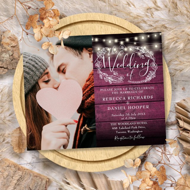 Convite de Casamento Foto Luzes Rústicas Baratas (Budget Red Rustic Lights Photo Wedding Invite)