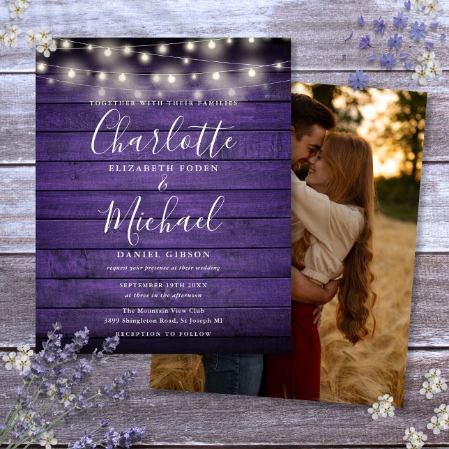 Convite de Casamento Foto Luzes Rústicas Roxas Eco (Budget Purple Rustic Lights Photo Wedding Invite)