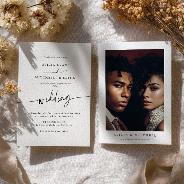 Convite de Casamento Foto Minimalista Script Boho  (Classic Boho Minimalist Script Wedding Photo Invitation)