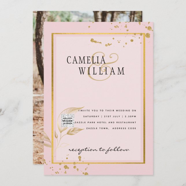 Convite de casamento FOTO moderno CÓDIGO QR RSVP B (Frente/Verso)