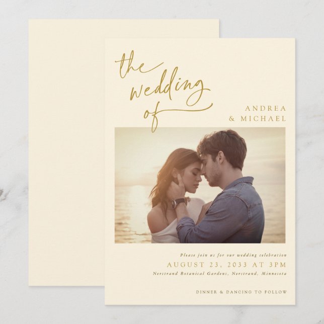 Convite de Casamento Foto Moderno Creme Letra Dour (Frente/Verso)