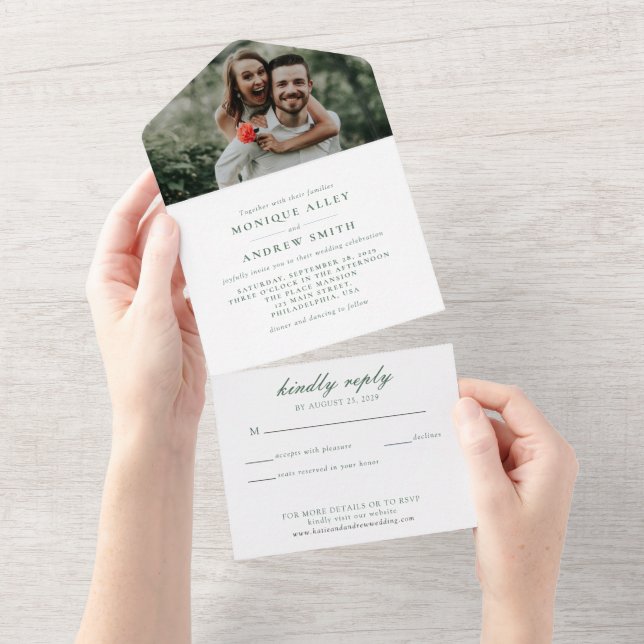 Convite de Casamento Foto Moderno Elegante Verde S (Aba destacável)