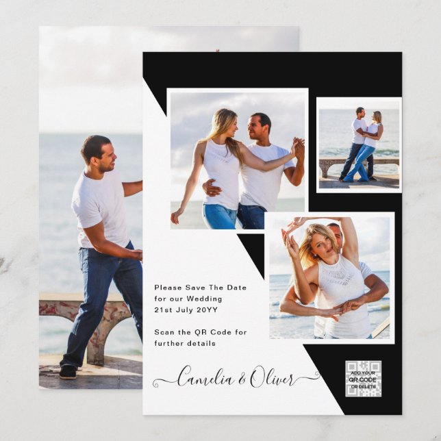 Convite de Casamento Foto Preto Branco Código QR S (Frente/Verso)