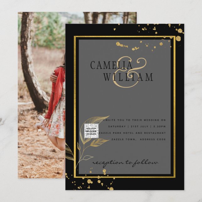 Convite de Casamento Foto Preto e Branco Código QR (Frente/Verso)