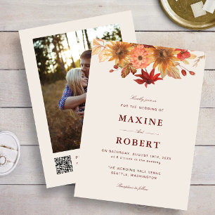 Convite de Casamento Foto QR Code Outono Folhas de