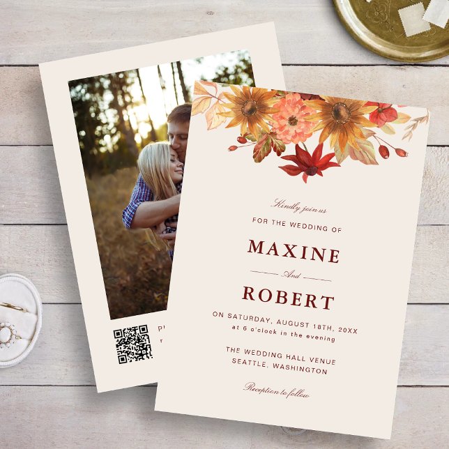 Convite de Casamento Foto QR Code Outono Folhas de (Autumn photo wedding invitation adds elegant fall charm with your personalized QR code.)
