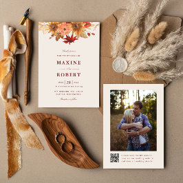 Convite de Casamento Foto QR Code Outono Folhas de