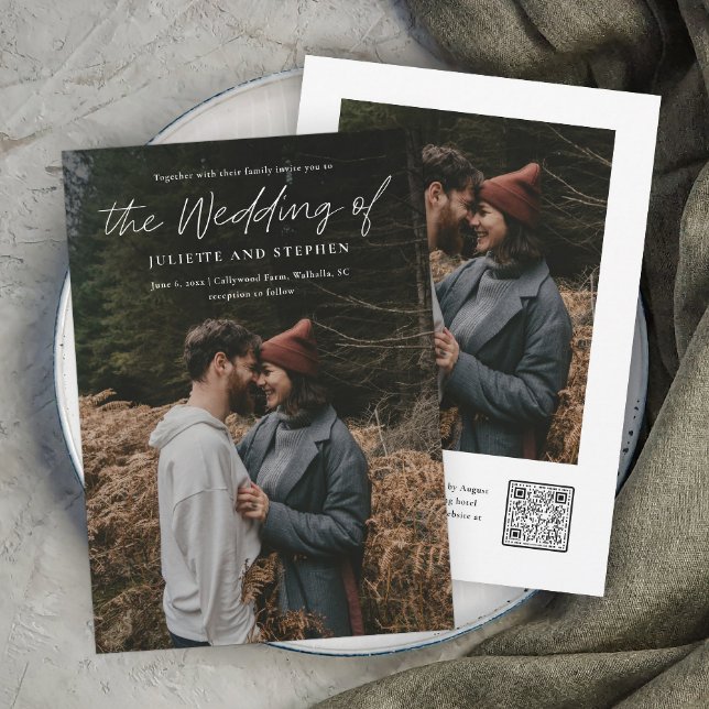 Convite de Casamento Foto QR code Simples Rascunho (A modern minimal photo wedding invitation with QR Code RSVP on the back with additional photo.)