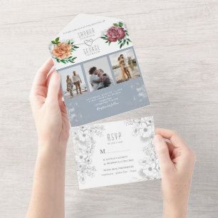 Convite de Casamento Foto Rosa Bege Azul Empoeirad