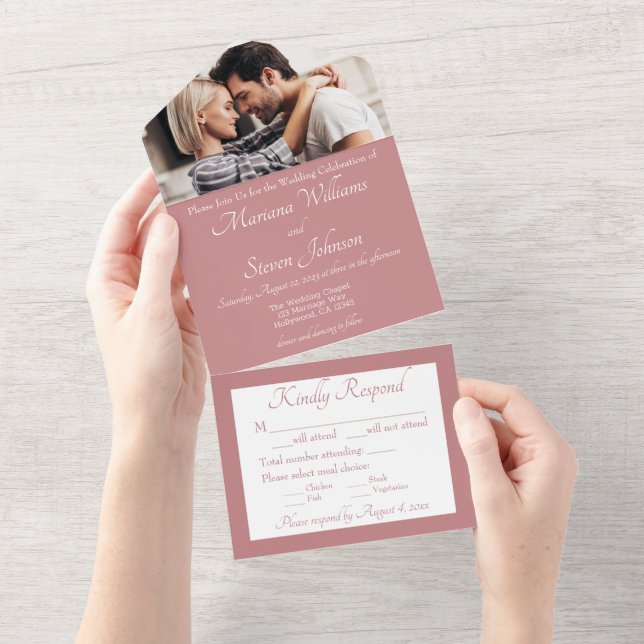 Convite de Casamento Foto Rosa Poeirenta Elegante (Aba destacável)