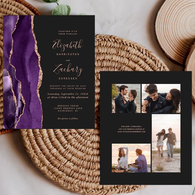 Convite de Casamento Foto Roxo Escuro Rosa Dourada (Criador carregado)