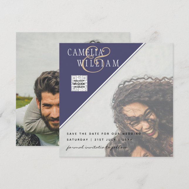 Convite de casamento FOTO RSVP Azul CÓDIGO QR (Frente/Verso)