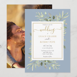 Convite de Casamento Foto Script Azul Poeirento Do