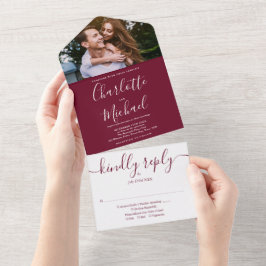 Convite de Casamento Foto Script Monograma Burgund
