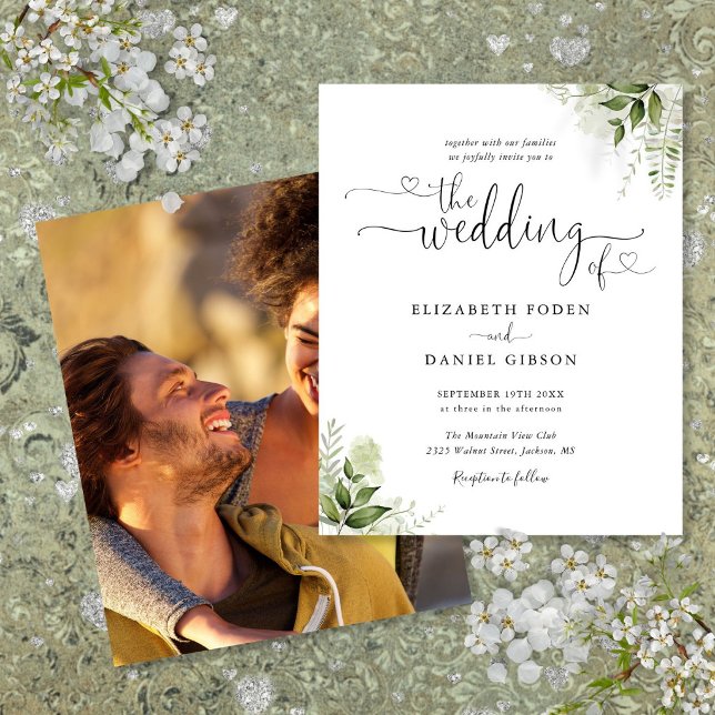 Convite de Casamento Foto Script Verde Econômico (Budget Greenery Script Photo Wedding Invitation)