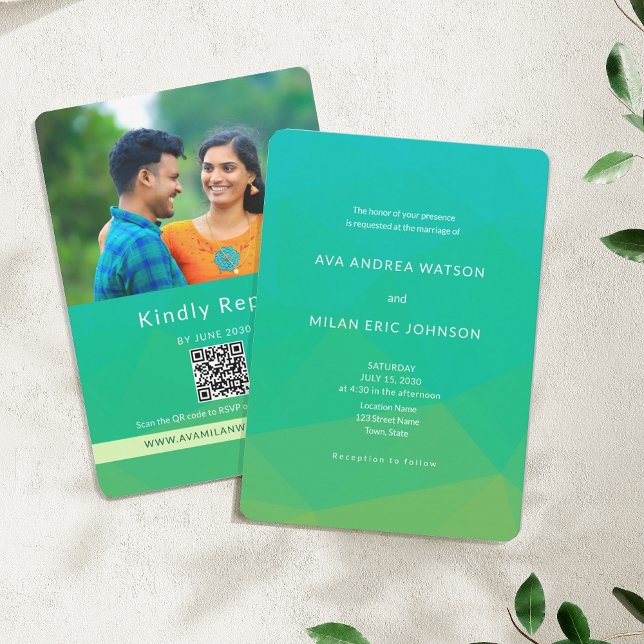 Convite de Casamento Foto Verde Cítrico com Código (Criador carregado)