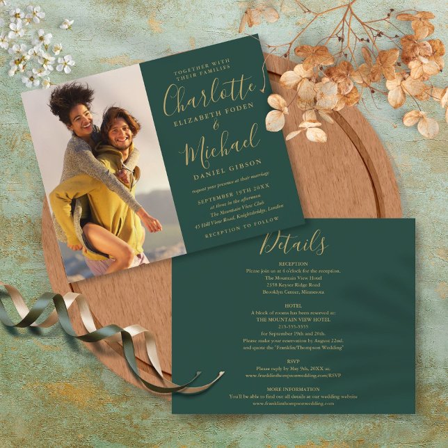 Convite de Casamento Foto Verde Dourado Orçamento  (Budget All In One Photo Green Gold Wedding Invite)