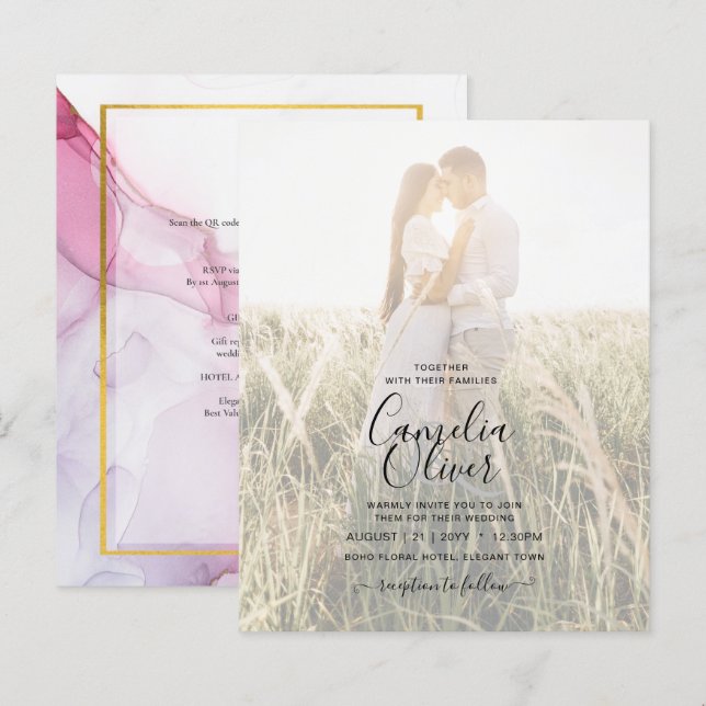 CONVITE DE CASAMENTO FOTOGRÁFICO TINTA Rosa Roxo L (Frente/Verso)