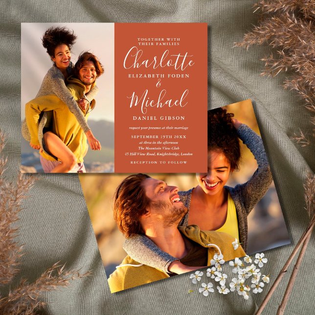 Convite de Casamento Fotos Script Terracota Orçame (Criador carregado)