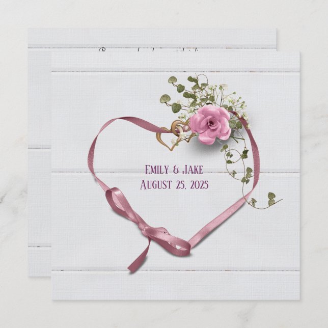 convite de casamento friso cor-de-rosa com anéis (Frente/Verso)