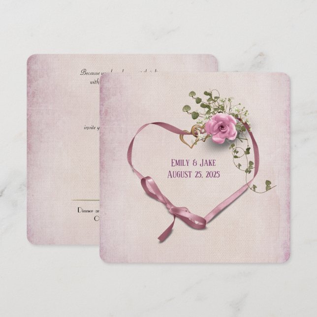 convite de casamento friso cor-de-rosa com anéis (Frente/Verso)