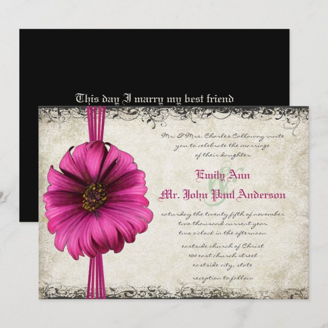 Convite de Casamento Fuchsia Gerber Daisy (Frente/Verso)