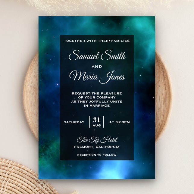Convite de Casamento Galáxia Azul Verde Nebulosa E (Criador carregado)