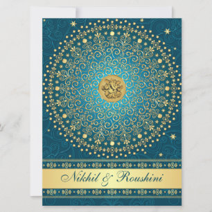 Convite de Casamento Ganesh Teal Gold Scrolls Gran
