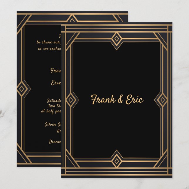 Convite de Casamento Gay/Lésbico Art Déco Ouro Pre (Frente/Verso)