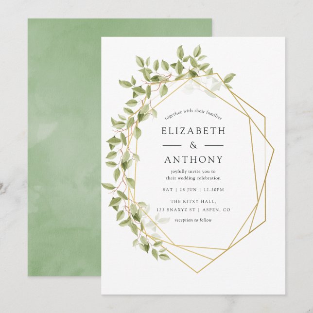 Convite de Casamento Geométrico com Aquarela Verde (Frente/Verso)