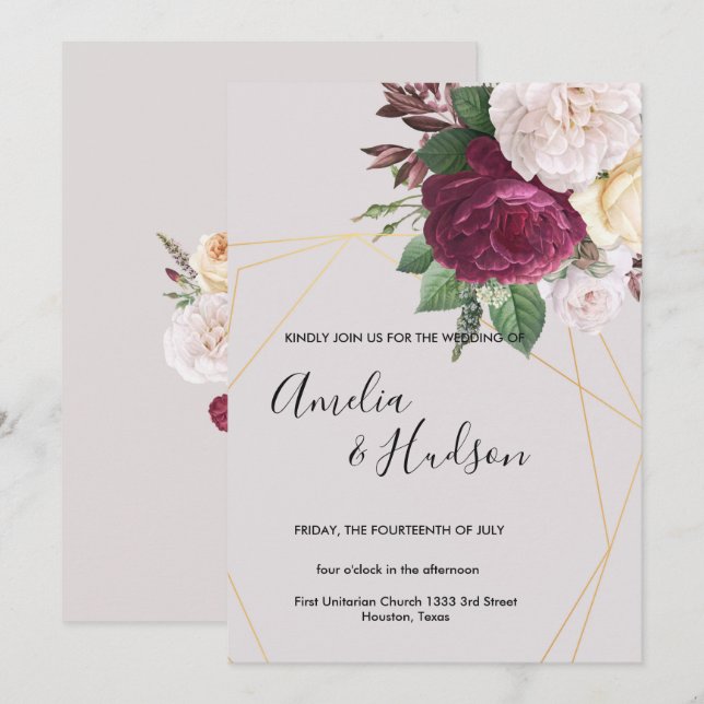 Convite de casamento geométrico de ouro elegante (Frente/Verso)