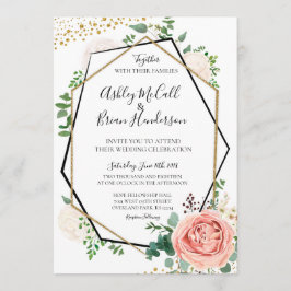 Convite de casamento Geométrico Dourado e Rosa Mod