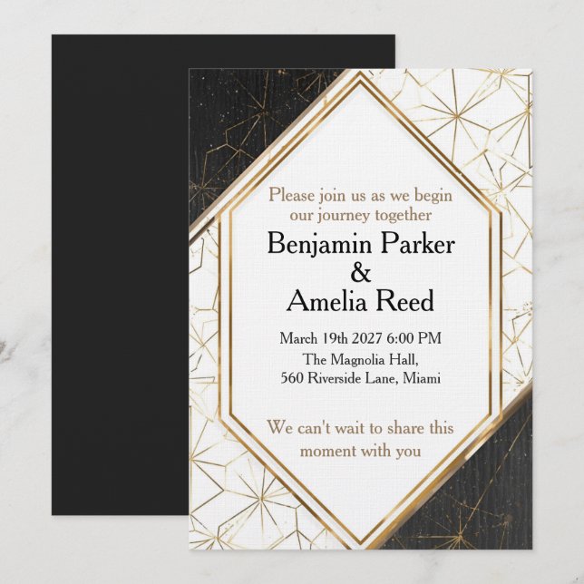 Convite de Casamento Geométrico Dourado Preto Mode (Frente/Verso)