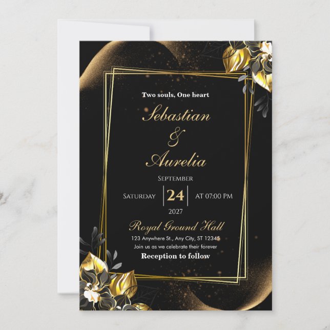 Convite de Casamento Geométrico Elegante Preto e D (Frente)