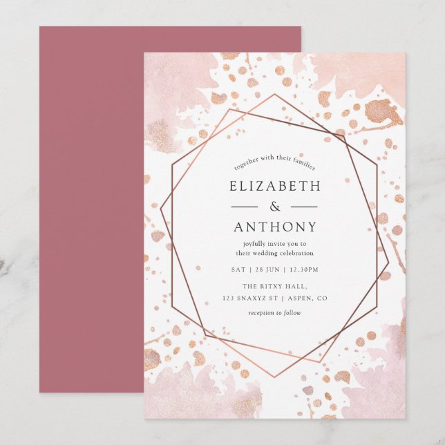 Convite de Casamento Geométrico em Rose Gold e Blu (Frente/Verso)