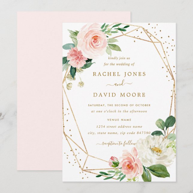 Convite de Casamento Geométrico Floral Blush Gold (Frente/Verso)