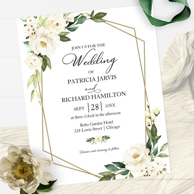 Convite de Casamento Geométrico Floral Branco Econ (Criador carregado)